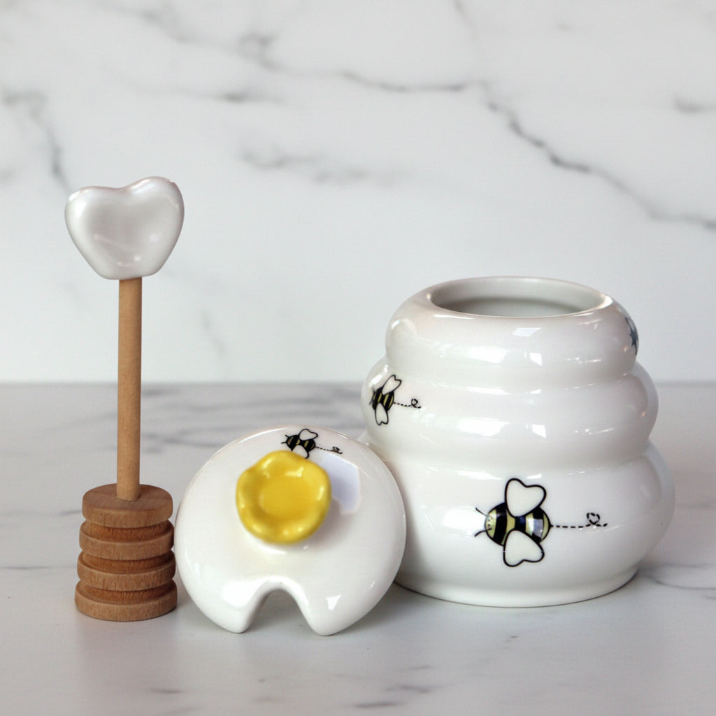 The "Sweet as Can Bee" Ceramic Honey Pot & Wooden Dipper
