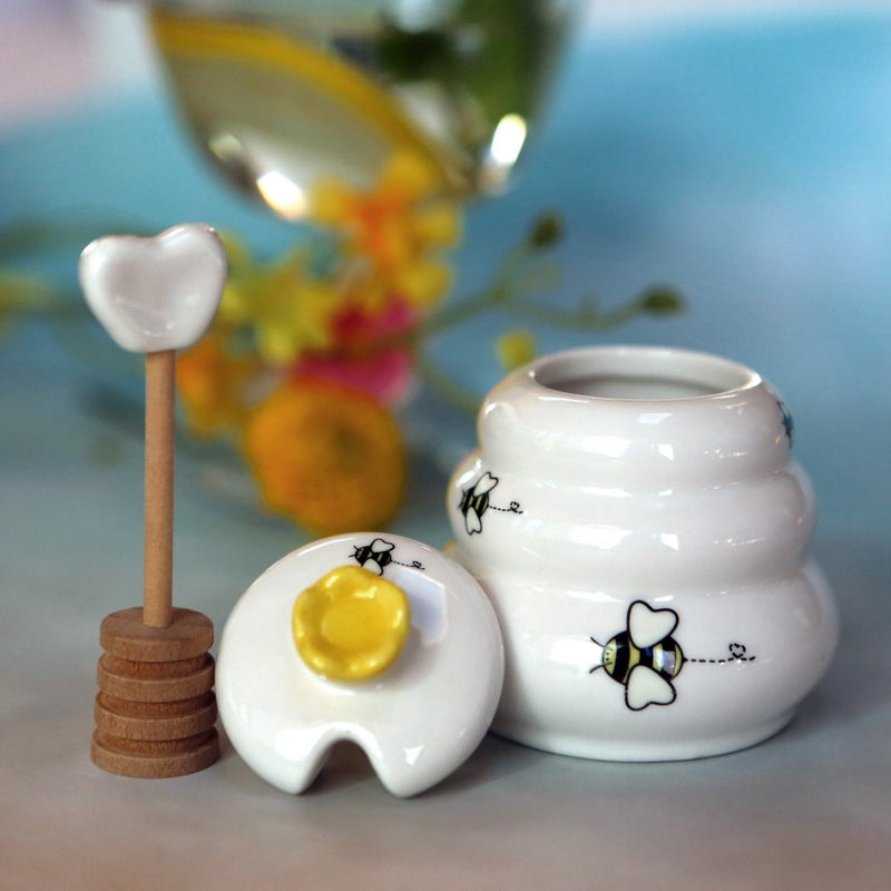 The "Sweet as Can Bee" Ceramic Honey Pot & Wooden Dipper