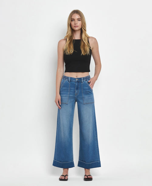 The "Kris" High Rise Double Cuffed Baggy Wide Jeans by Vervet Flying Monkey
