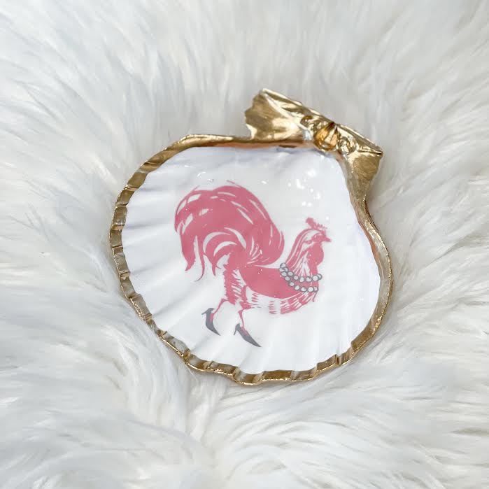 The "Pretty Pink Rooster" Scallop Shell Trinket Tray