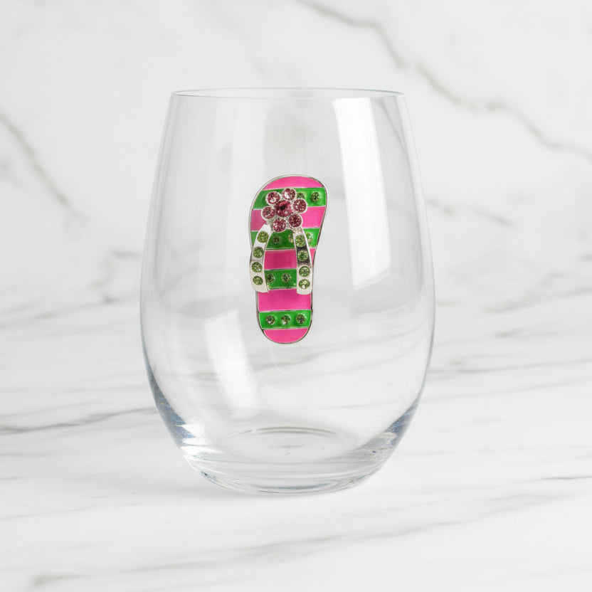 The "Pink and Green Flip Flop" Stemless Wine Glass