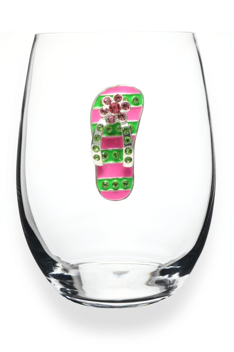 The "Pink and Green Flip Flop" Stemless Wine Glass